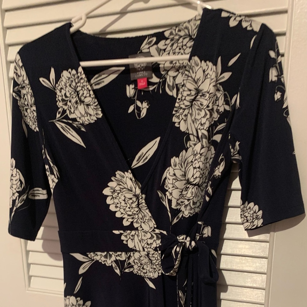 Vince Camuto dark navy floral wrap dress.